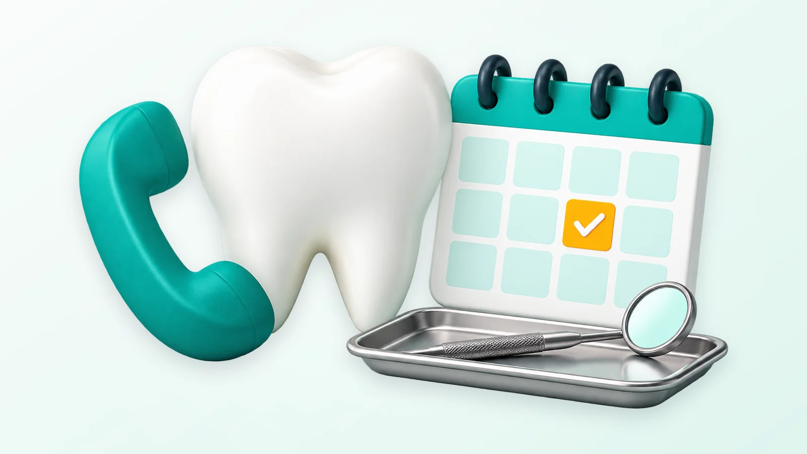Stylized tooth beside a phone, a booked calendar and a dental mirror, illustrating a dental answering service