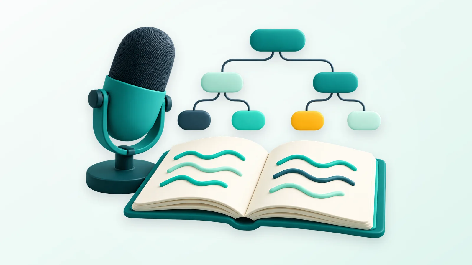 Notebook with abstract script lines, a microphone and a branching flow chart, illustrating writing prompts for a voice agent